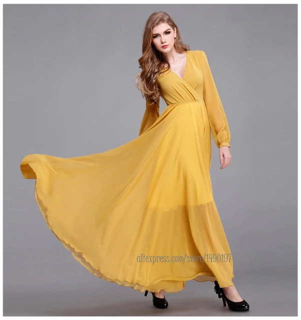 yellow chiffon v neck maxi dress long sleeve plus size dress floor aliexpress plus size dresses