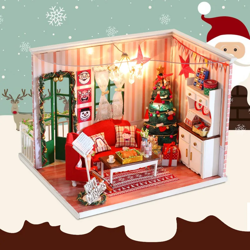 

DIY Dollhouse With 3D Furnitures Wooden Handmade Assembly Model Doll House Gift Toys For Children Merry Christmas CF04 #E