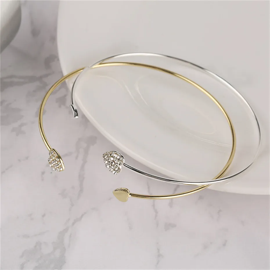 Exquisite Stylish Charms Gold Silver Crystal Heart Lady Bracelet Half-open Alloy Bangles Womens Fashion Jewelry  (1)