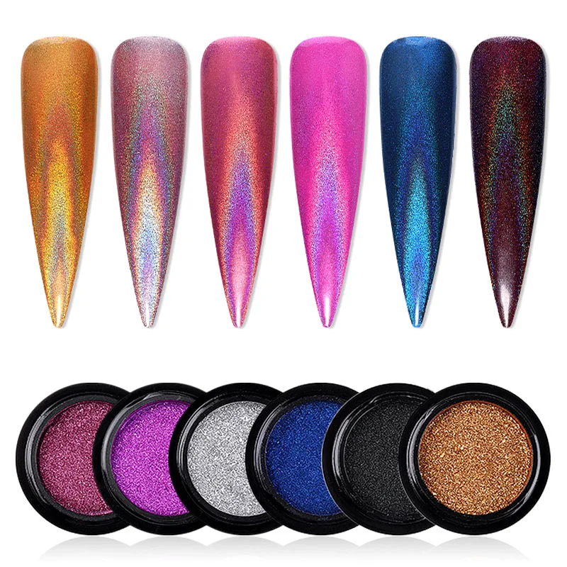  1pc Rainbow Laser Powder Nail Glitter 6 Colors Chrome Pigment Powder With Cotton Stick Rub on Nails