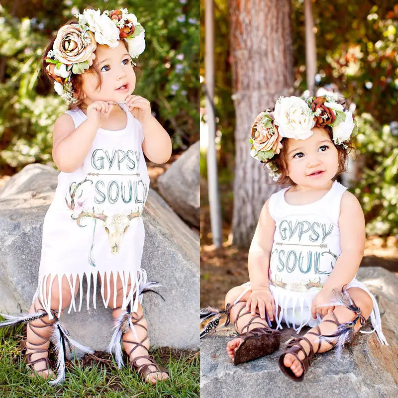 Cute Girls Baby Dresses Tassel Vest Dress Cartoon Deer Letter Print Long Dress Children Clothing Fashion Summer Leisure Wear