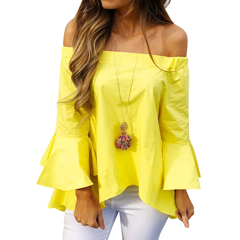 Spring Women Open Back Blouses Shirt Summer Off Shoulder Long Bell Sleeve Blouse Tops Causal Chiffon Blusas Female WS7502S |
