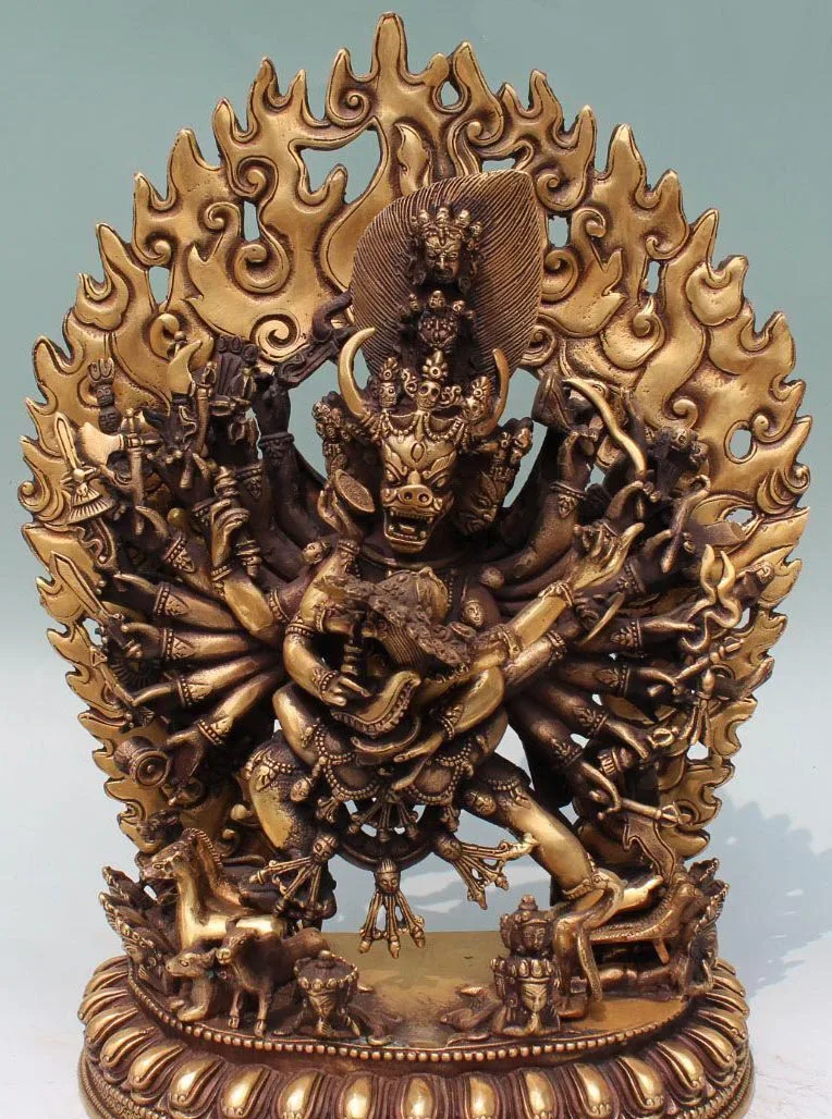 

FREE Shipping 12" Tibet Buddhism Bronze Cattle Head Buddha Yamantaka Yama Dharmaraja Statue