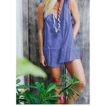 

2019 Summer Women Sexy V Neck Beach Jumpsuit Casual Sleeveless Backless Short Playsuit Straps Lace Up Loose Rompers