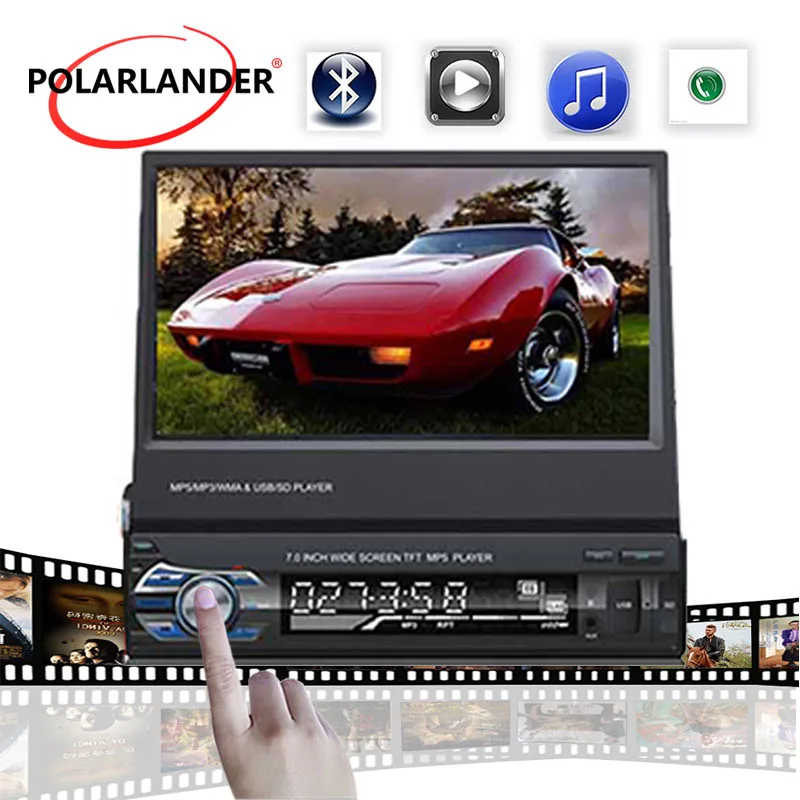 12V Car Stereo Bluetooth FM car Radio MP5 Audio Player USB/TF/SD 1 DIN 7 inch Retractable Touch Screen Monitor Rear View Camera