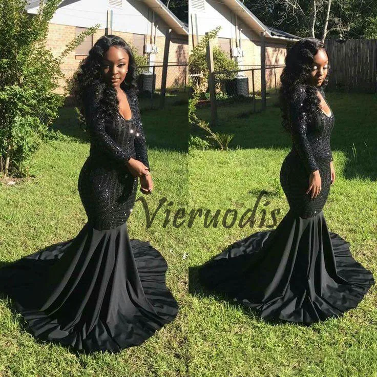 Afrikaanse Sparkly Pailletten Lange Mouwen Prom Jurken 2018 Nieuwe Hals Lange Illusion Chiffon Black Girl Mermaid Avondjurk Afrikaanse Sparkly Pailletten Lange Mouwen Prom Jurken 2018 Nieuwe Hals Lange Illusion Chiffon Black Girl Mermaid Avondjurk
