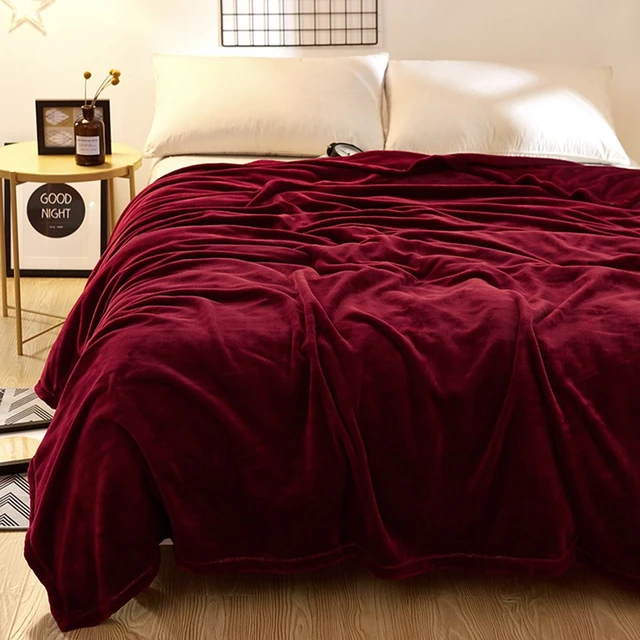 Red Wine Fleece Blankets For Home Bedding Multi size Solid Color Warm Flannel Blankets For