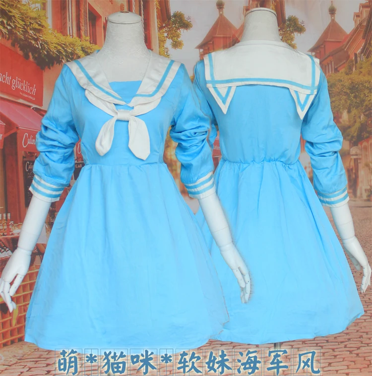 

Японский Мори женский колледж Лолита Кот морской Стиль Длинные рукава Высокая талия матросское платье ежедневный