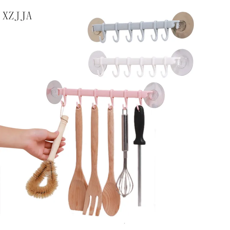 

XZJJA 1pc Adjustable 6 Hooks Storage Rack Kitchen Towel Sponge Sundries Organize Hanging Holder Bathroom Wall Organizer