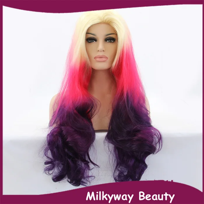 

Free Shipping heat resistant natural hairline wavy blonde pink purple three tone ombre Synthetic Lace Front wig