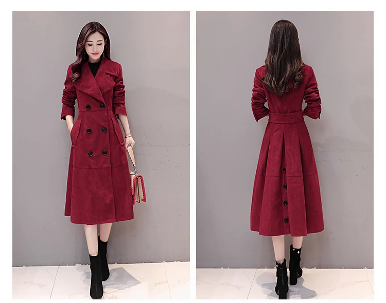 Длинный двубортный тренч для женщин корейская мода весна осень размера плюс тонкий оленья замша пальто для женщин Z12