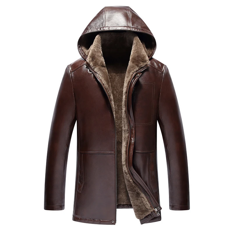 Winter brand luxury genuine cow leather jackets men medium long turn