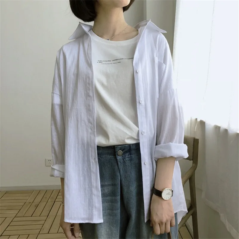  100% Cotton Casual White Sunproof Blouse Women 2018 Summer Women Long Sleeve White Shirts Blouse Hi