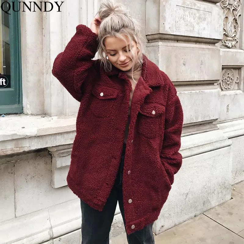 

Qunndy Faux Lambswool Oversized Jacket Coat Winter Button Khaki Warm Hairly Jacket Women Autumn Outerwear New Female Overcoat