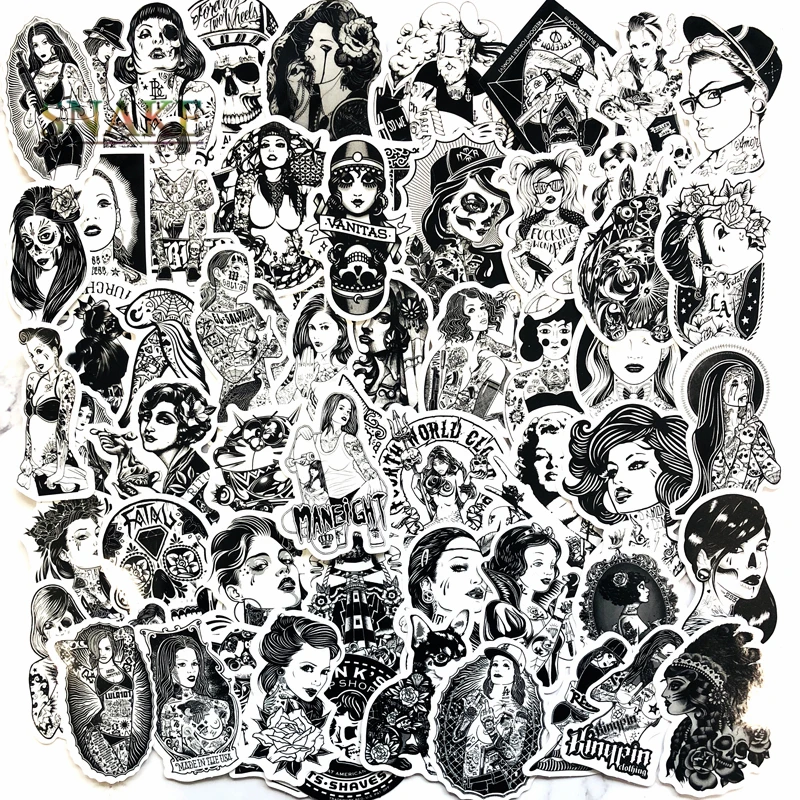 

68pcs/lot black&white Tattoo Girl Car Stickers For Laptop Suitcase skateboard Little Vintage style Waterproof sunscreen decals