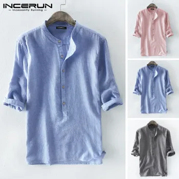 

INCERUN Men Striped Shirt 3/4 Sleeve Casual Cotton Round Neck Loose Blouse Harajuku Streetwear Brand Shirt Men Camisa S-5XL 2020