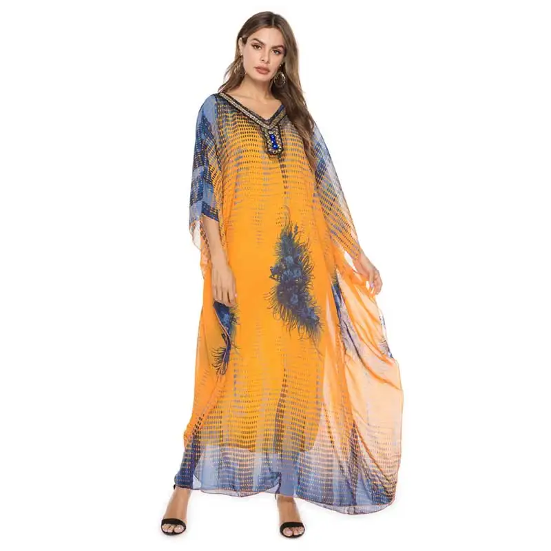 Bohemian Chiffon Diamond Beading Dress Batwing Sleeve Women Muslim