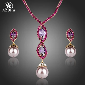 

AZORA Gorgeous Gold Color Cubic Zirconia and Pearl Pendant Necklace and Earrings Jewelry Sets TG0166