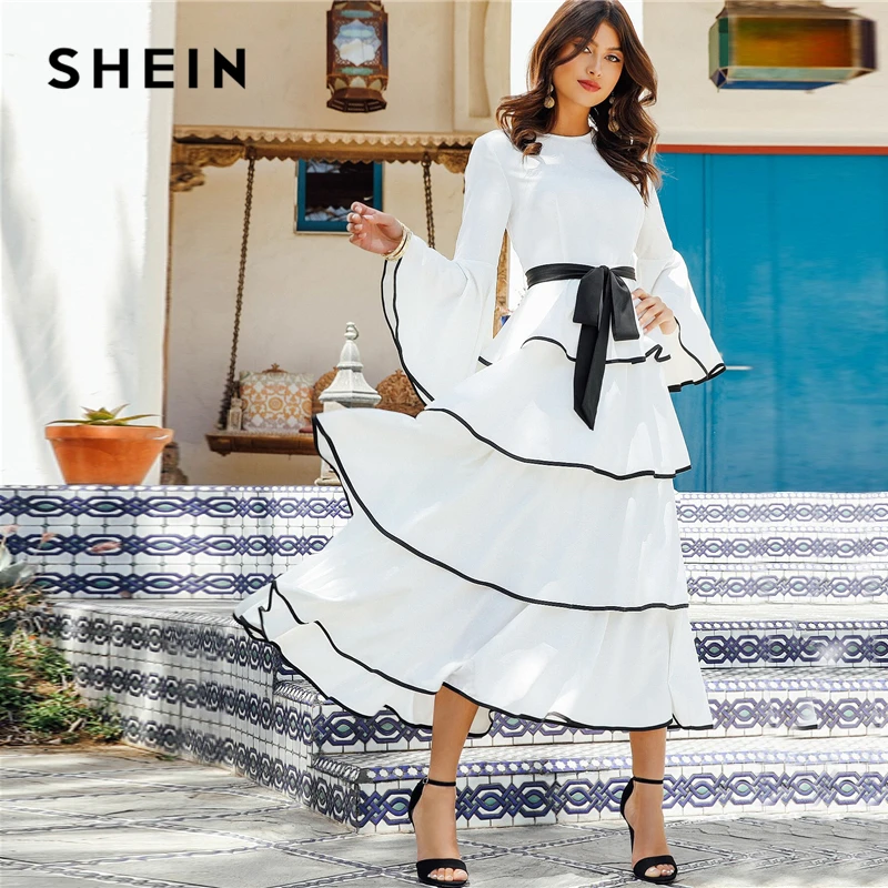 SHEIN أنيقة الأبيض التباين ملزم الطبقات كشكش تنحنح مربوط ماكسي اللباس المرأة الخريف كشكش صالح و مضيئة عالية الخصر فساتين