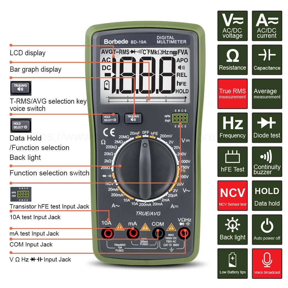 Koop Borbede BD 19A Digitale Multimeter met Voice Waarde DC AC Spanning Stroom Weerstand Capaciteit NCV True RMS Diode Tester