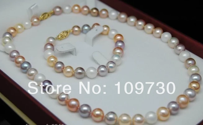 

Jewelry 00605 14K YG Natural 9-10mm AAA+ natural colorful pearl jewelry sets ( 18" 8" )