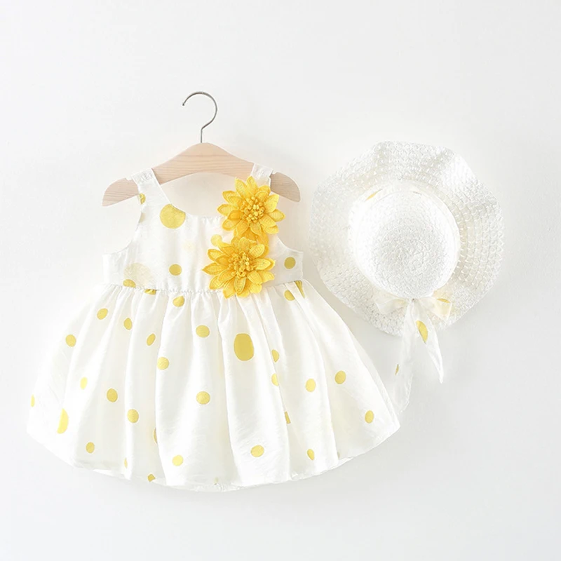 

2019 New Cute Dot Baby Dress Big Bow Sleeveless Princess Baby Girl Dress with Hat A-Line Cotton Infant birthday party Dresses