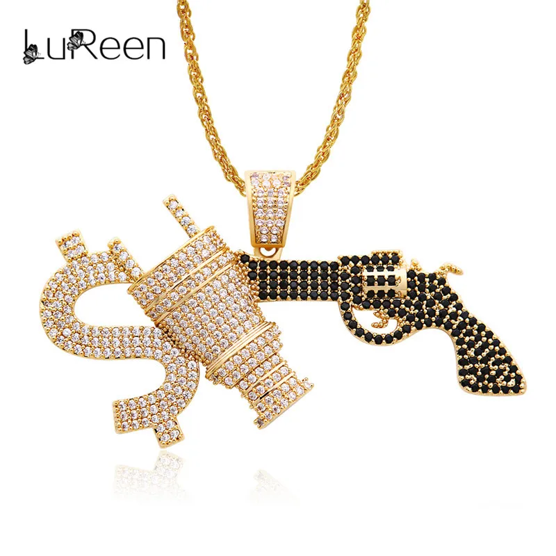 

LuReen Iced Out Dollar Plug Gun Necklace&Pendant Micro Pave Cubic Zircon Necklace Men's Gold Color Hip Hop Jewelry Gfit Party