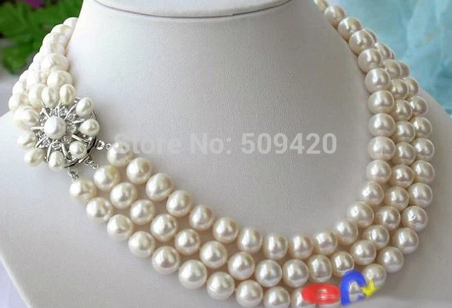 

Free Shipping >> 3ROW 9MM ROUND WHITE FRESHWATER PEARL NECKLACE