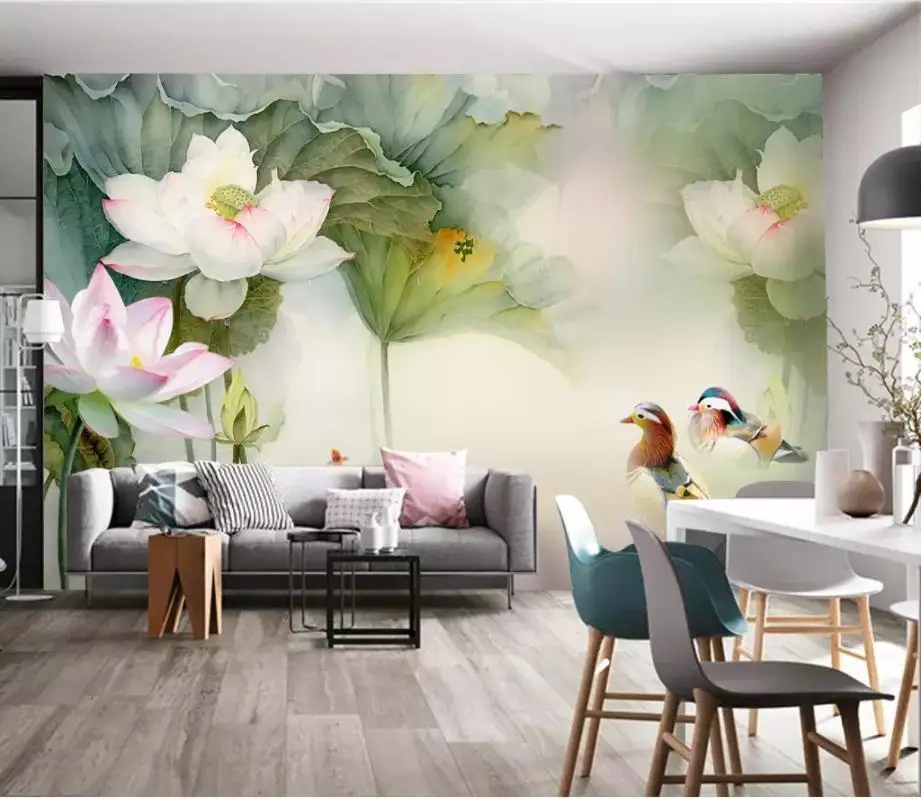 

Custom Any Size Mural Wallpaper Lotus lotus leaf mandarin ducks living room TV backdrop Wallpaper 3d Mural For Living Room