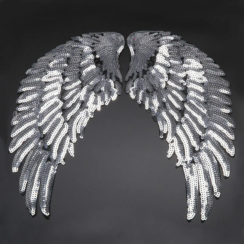 Большой мультфильм падший ангел черные крылья блесток аппликация вышивка железо на рок значки заплатки на рюкзак для одежды футболка куртка - Цвет: Silvery Wings