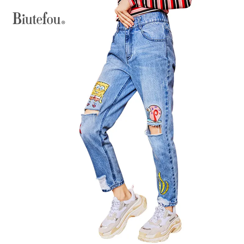 

2019 Spring and summer hole jeans embroidery patch designs women denim pants