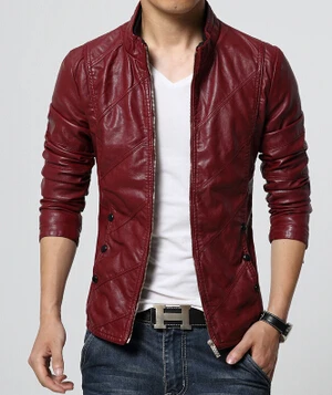 Высококачественная Мужская куртка из искусственной кожи, однотонная, красная, черная, коричневая, со стоячим воротником, приталенная ветровка, пальто, повседневная верхняя одежда - Цвет: Красный