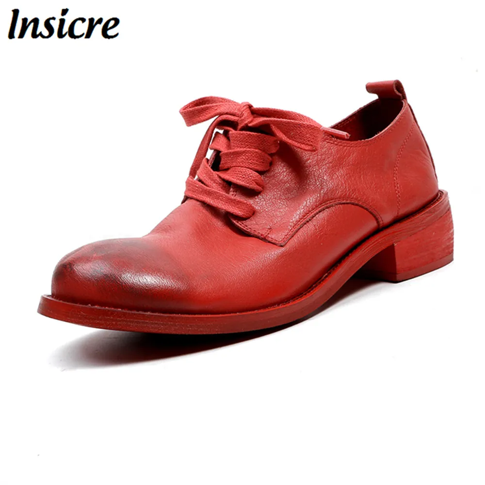 

Insicre women spring/autumn shoes full genuine leather punk fashion women pumps size 33-43 low heel 4 cm lace-up shallow casual