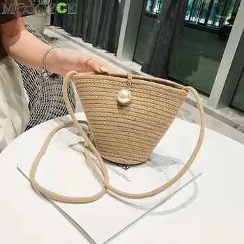 

Pearl Straw Weaving Shoulder Bag Small Crossbody for Women bucket bag female retro beach Bolso Rattan bag wicker Bolsa Feminina