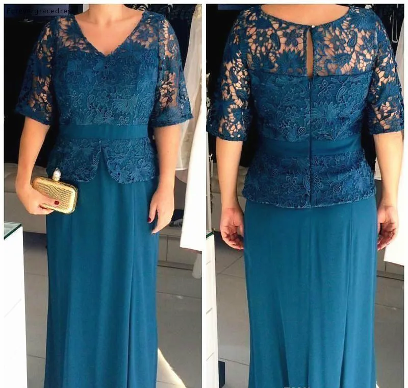 Plus Size Mother of the Bride Groom Dress V Neck Half Sleeves Lace Top With Peplum Floor Length Wedding Guest Prom Evening Gowns  119