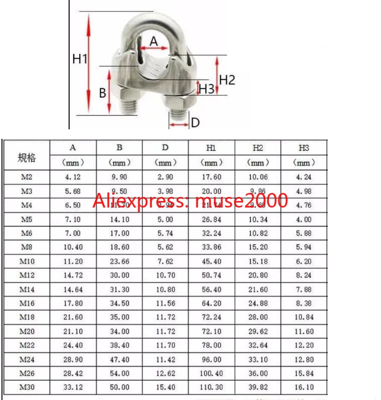 M2/3/4/5/6/8/10/12/14/16/20 мм/22 мм SS304 Нержавеющая сталь DIN741 U тип троса зажим Кабельные болты такелаж аппаратные зажимы