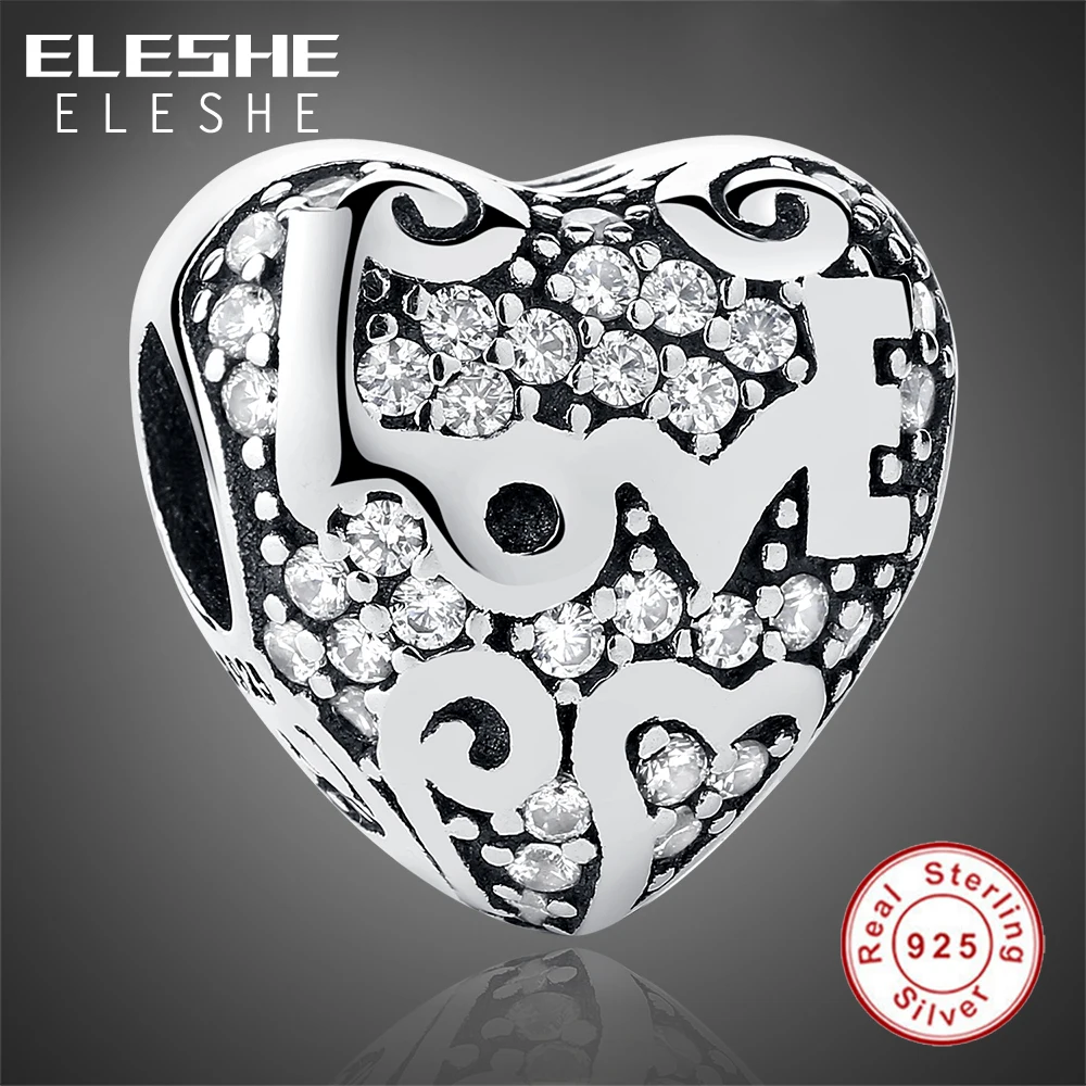 ELESHE Authentic 925 Sterling Silver Love Heart Charm Beads Fit Original ELESHE Bracelet DIY Jewelry In My Heart With Clear CZ
