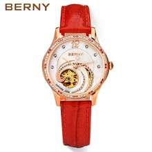 BERNY Skeleton Automatic Mechanical Watches Women Brand Rose Gold Ladies Leather Diamond Sapphire Auto Mechanical Watches AM078L