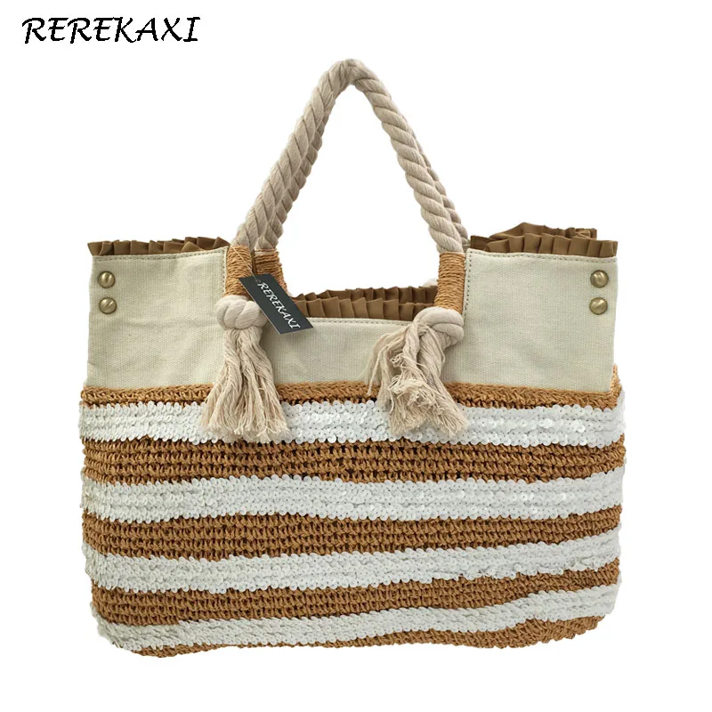 

REREKAXI New Casual Straw Handmade Beach Tote Handbag Women's Woven Casual Travel Shopping Bolsos Bags For Women 2017