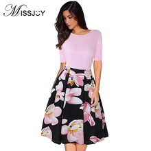 MISSJOY летние платья для женщин с коротким рукавом и цветочным принтом, сексуальное женское ретро платье трапециевидной формы до колена, розовое платье Vestidos