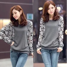 2017 Autumn Winter Women Blouses Shirts Fashion Lace Blouse Patchwork Pullover Tops Women Casual Long Batwing Sleeve Shirts XXL