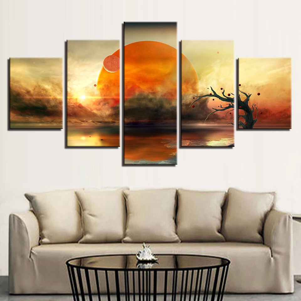 HD Printed Canvas Pictures Decor Home Wall Art 5 Pieces Tree And Abstract Earth Sunshine