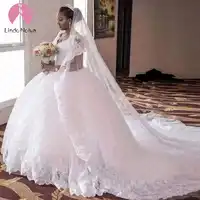 Robe De Mariee V Neck Lace Ball Gown Wedding Dress Chapel Train Abiti Da Sposa Wedding Gowns with Lace Appliques Trouwjurk