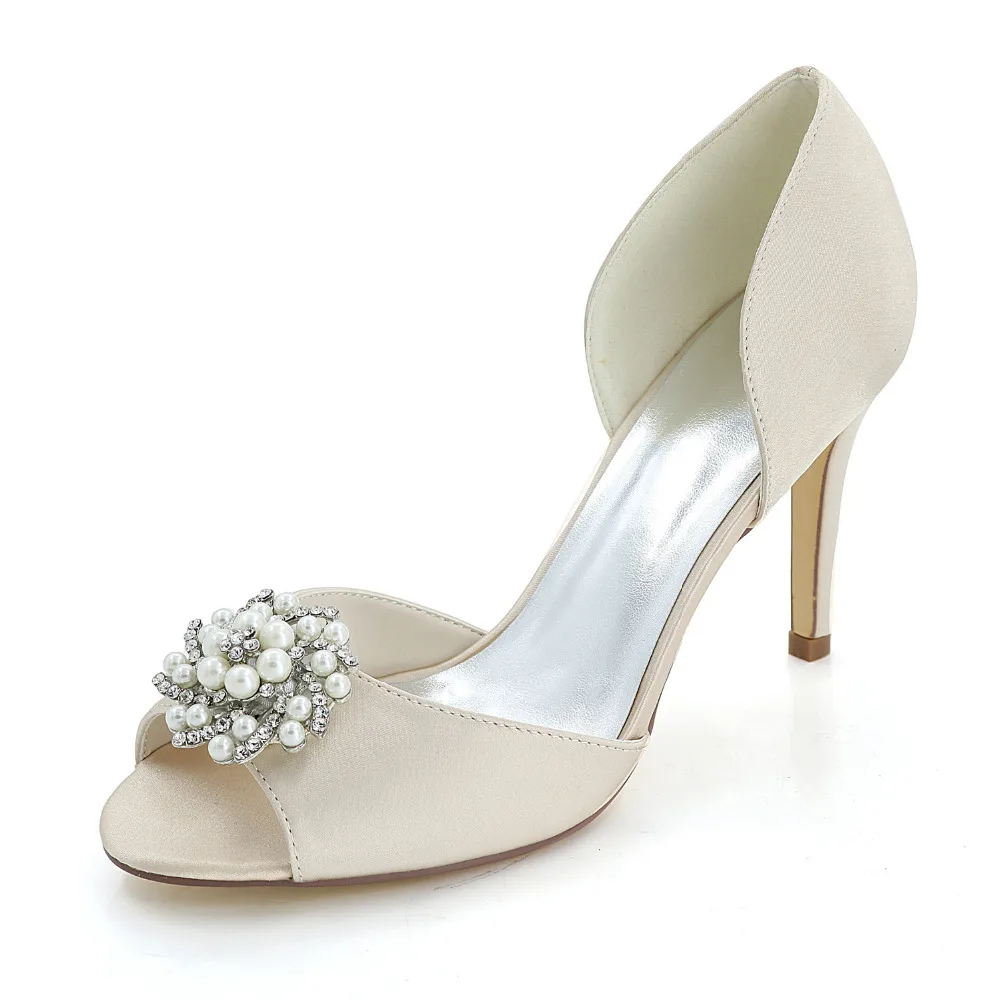 Атласные туфли лодочки с открытым носком и жемчугом|pumps heels|shoes bridalopen toe |