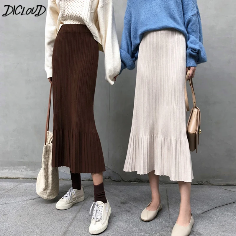 

DICLOUD Korean Pleated Skirt Women Winter Fashion Long Knited Skirt Ladies Sexy High Waist Fishtail Skirt Harajuku High Elastic
