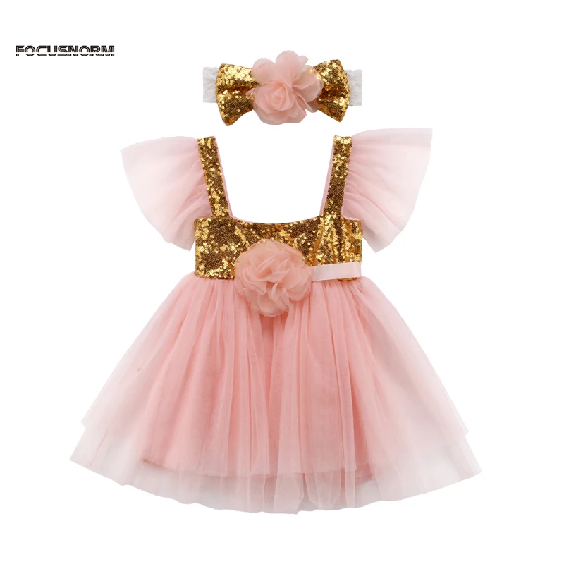 

New Baby Girls Princess Sequins Bridesmaid Party Dress Tulle Formal Gown UK