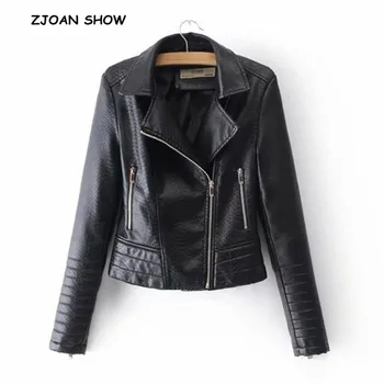 

Black Snake Pattern PU Leather Jacket 2018 Women Zipper Pockets Slim fit Short Motorcycle Biker Jackets Coat Outerwear Tops