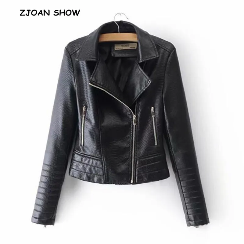 Slim Cuir Noir Moto Veste Poches Biker Survêtement Zipper 2018 Motif Court Manteau Femmes Serpent Pu Fit Vestes Tops En XvvxRqCHw
