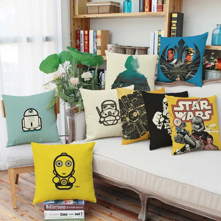 

Modern Simple 45cm Cute Colorful Star Wars Empire Trooper Darth Vader C-3PO Cotton Linen Square Throw Pillow Case Soft Cover
