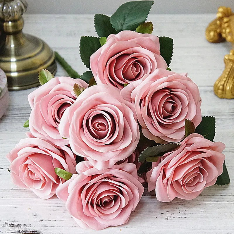 

10 Heads Wedding Bridal Holding Artificial Rose Flowers Bouquet Real Touch Fake Rose Flower for Home Garden Decoration Florals